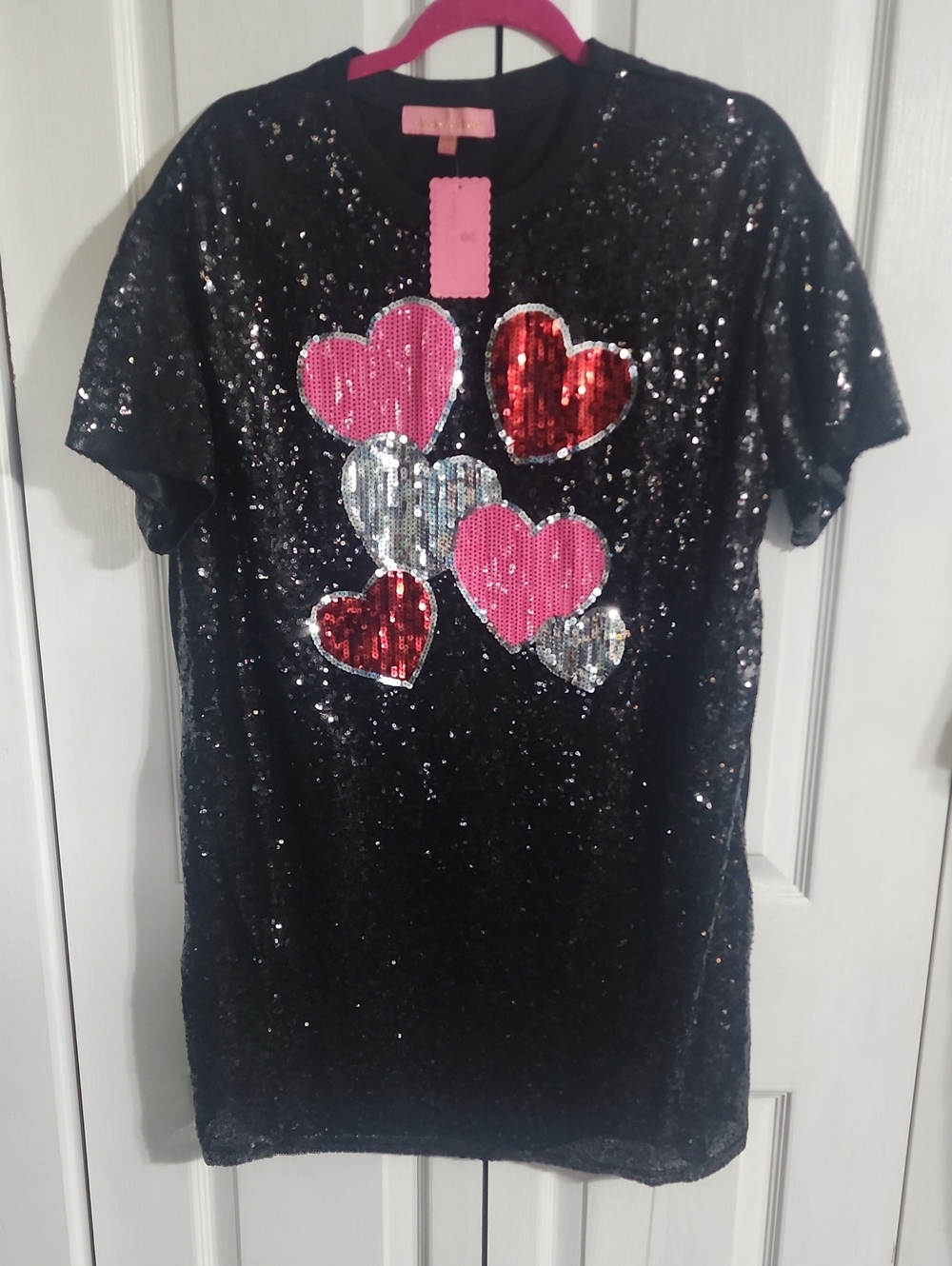 Simply Southern Black Sequin Tee Style Dress with Pink, Red & Silver Hearts